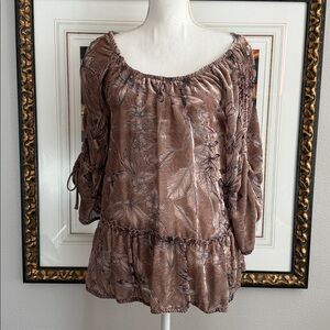 Democracy Brown /Taupe Floral Blouse - burnout fabric.